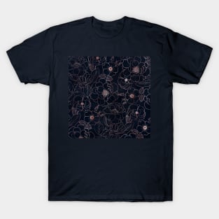 Elegant Blue Rose Gold Roses Floral Line art T-Shirt